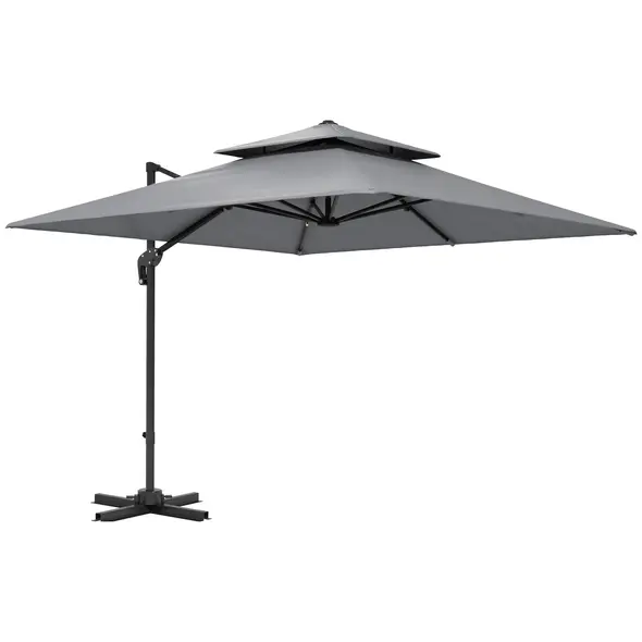 Outsunny 3 x 3(m) Cantilever Parasol with Aluminium Frame, Crank and Tilt, 360-Degree Rotation, Double Top Garden Umbrella with Cover (Only Cross Base), Light Grey - 1