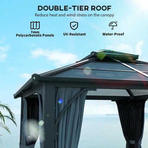 Outsunny 3 x 3(m) Hardtop Gazebo Canopy with 7mm Double Polycarbonate Roof, Garden Gazebo Permanent Pavilion with Mosquito Netting and Curtains for Patio, Deck, Dark Grey - 4