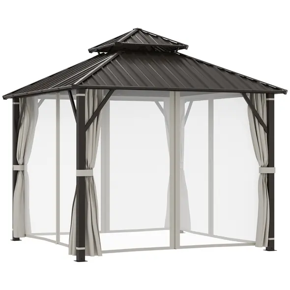 Outsunny 3 x 3(m) Hardtop Gazebo Canopy with Double Metal Roof, Waterproof Permanent Pavilion Garden Gazebo with Netting and Curtains, Easy to Assemble - 1