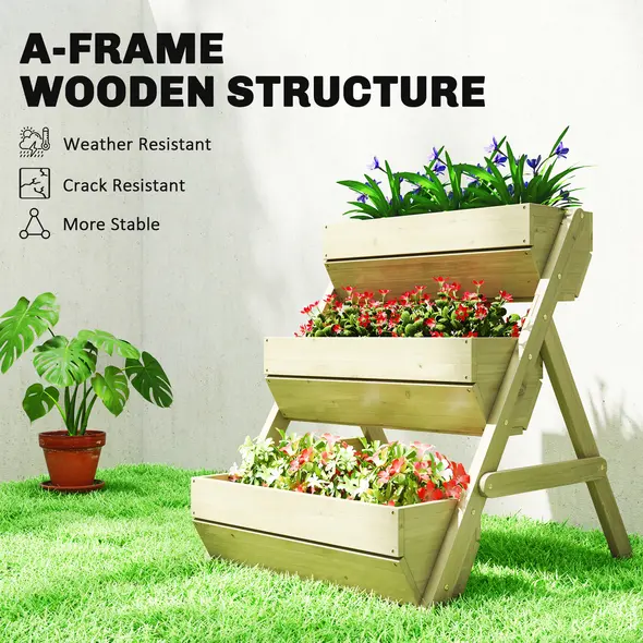 Outsunny 3 Tier Raised Garden Bed Wooden Elevated Planter Box Kit, 66L for Flower, Vegetable, Herb, 65x75x78cm, Green - 6