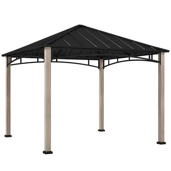 Outsunny 3 x 3 m Decorative Metal Gazebo - Black/Wood-Effect - 1