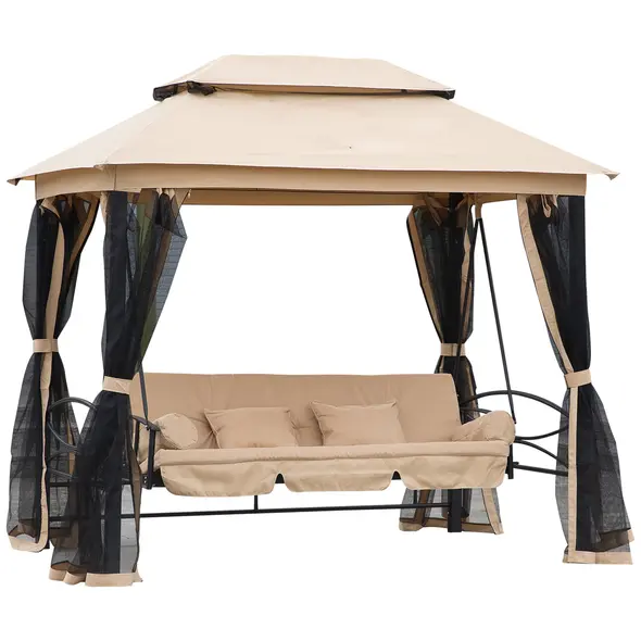 Outsunny 3 Seater Swing Chair 3-in-1 Convertible Garden Swing Seat Bed Gazebo Patio Bench Outdoor with Double Tier Canopy, Cushioned Seat, Mesh Sidewalls, Beige - 1