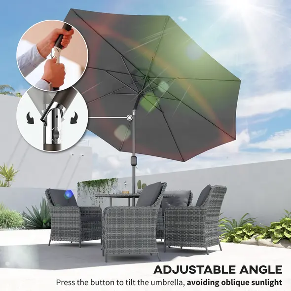 Outsunny 3(m) Tilting Parasol Garden Umbrellas, Outdoor Sun Shade with 8 Ribs, Tilt and Crank Handle for Balcony, Bench, Garden, Dark Grey - 4