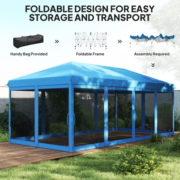 Outsunny 3 x 6m Pop Up Gazebo, Outdoor Canopy Shelter, Marquee Party Wedding Tent with 6 Mesh Walls and Carry Bag, Blue - 5