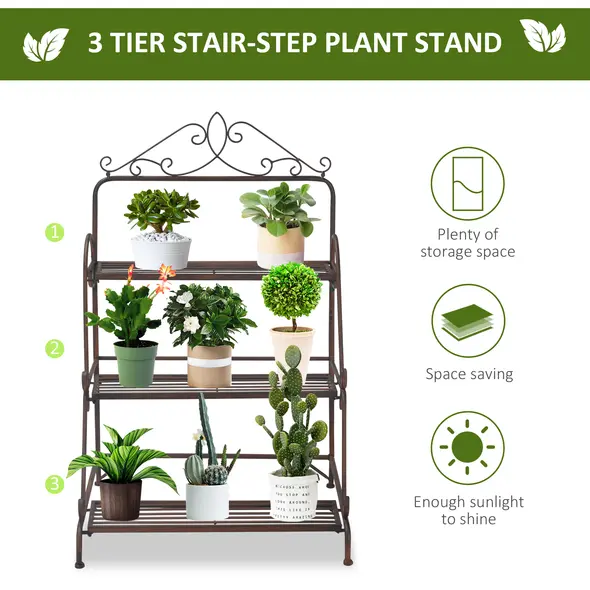 Outsunny 3 Tier Stair Style Metal Plant Stand, Flower Pot Holder Display Shelf, Storage Organizer Rack for Indoor Outdoor Patio Balcony Yard - 4