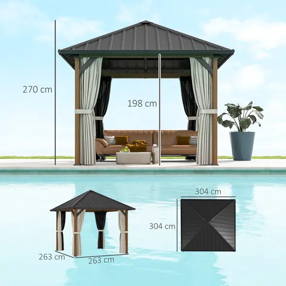 Outsunny 3 x 3(m) Hardtop Gazebo with Galvanised Steel Roof and Water Gutter, Waterproof Permanent Pavilion Garden Gazebo with Netting and Curtains for Patio, Deck, Walnut Wood Finish - 3