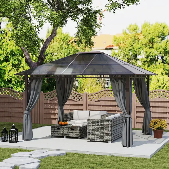 Outsunny 3 x 3.6m Hardtop Gazebo Canopy with Polycarbonate Roof Garden Pavilion with Removable Curtains and Steel Frame, Dark Grey - 8