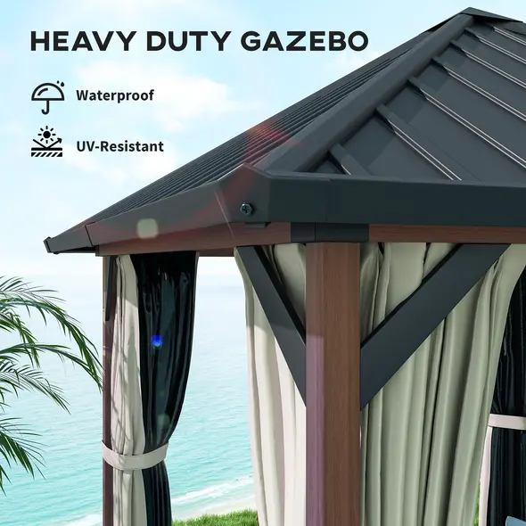 Outsunny 3 x 3(m) Hardtop Gazebo with Galvanised Steel Roof and Water Gutter, Waterproof Permanent Pavilion Garden Gazebo with Netting and Curtains for Patio, Deck, Walnut Wood Finish - 4