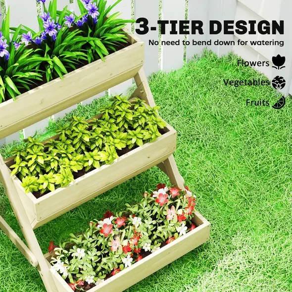 Outsunny 3 Tier Raised Garden Bed Wooden Elevated Planter Box Kit, 66L for Flower, Vegetable, Herb, 65x75x78cm, Green - 4