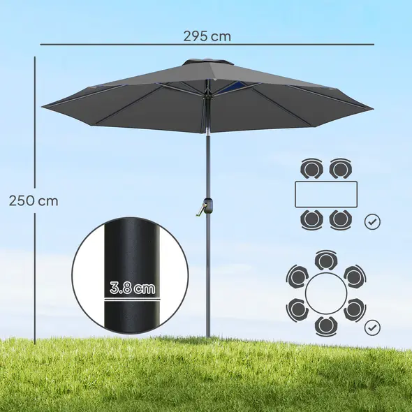 Outsunny 3(m) Tilting Parasol Garden Umbrellas, Outdoor Sun Shade with 8 Ribs, Tilt and Crank Handle for Balcony, Bench, Garden, Dark Grey - 3