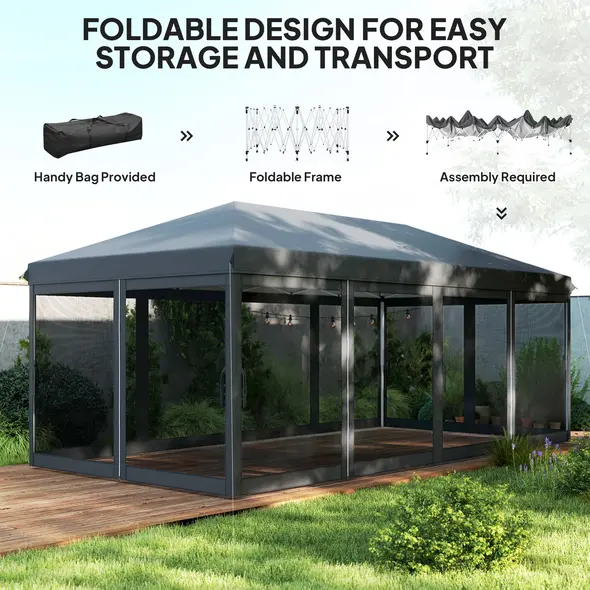 Outsunny 3 x 6m Pop Up Gazebo, Outdoor Canopy Shelter, Marquee Party Wedding Tent with 6 Mesh Walls and Carry Bag, Black - 4