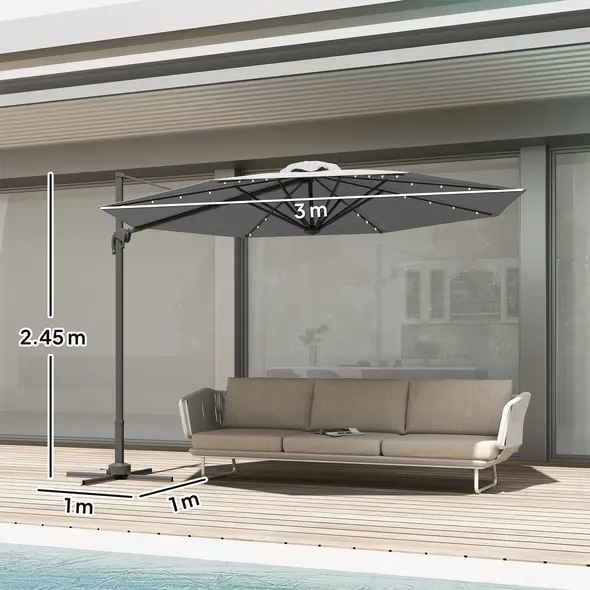 Outsunny 3(m) Cantilever Roma Parasol Patio Sun Umbrella with Crank & Tilt LED Solar Light Cross Base 360° Rotating Outdoor, Dark Grey - 3
