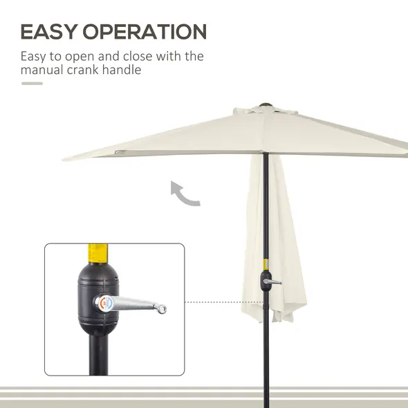 Outsunny 3(m) Half Parasol, Semi Round Umbrella with Metal Frame, Crank Handle for Balcony, Garden, Cream White - 7