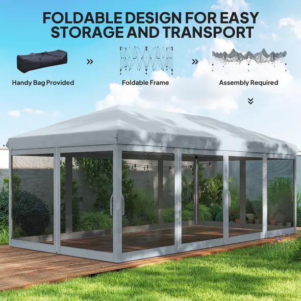 Outsunny 3 x 6m Pop Up Gazebo, Outdoor Canopy Shelter, Marquee Party Wedding Tent with 6 Mesh Walls and Carry Bag, Grey - 5