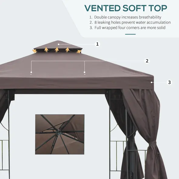 Outsunny 3 x 3 m Garden Gazebo Double Roof Marquee Patio Wedding Party Tent Canopy Shelter with Sidewalls (Brown) - 4