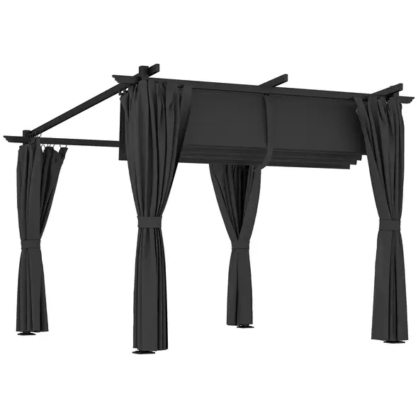 Outsunny 3 x 3 m Retractable Roof Pergola, with Curtains - Dark Grey - 1