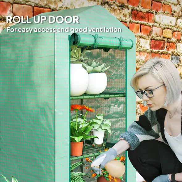 Outsunny 3 Tier Mini Greenhouse Portable Garden Grow House with Roll Up Door and Wire Shelves, 69 x 49 x 125 cm, Green - 5