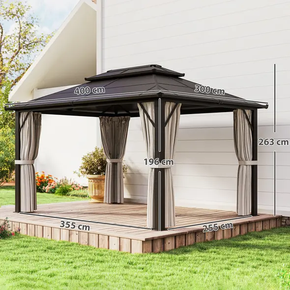 Outsunny 3 x 4m Hardtop Gazebo Canopy with UPF30+ Double Polycarbonate Roof, Aluminium Frame Garden Gazebo Permanent Pavilion with Mosquito Netting and Curtains for Patio, Deck, Beige - 3