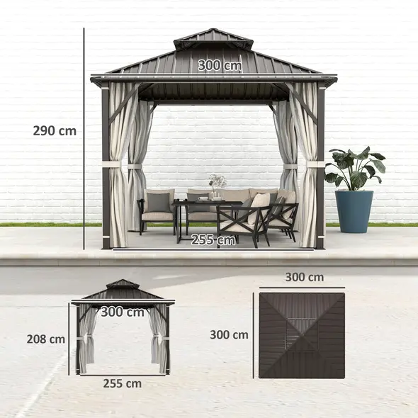 Outsunny 3 x 3(m) Hardtop Gazebo Canopy with Double Metal Roof, Waterproof Permanent Pavilion Garden Gazebo with Netting and Curtains, Easy to Assemble - 3