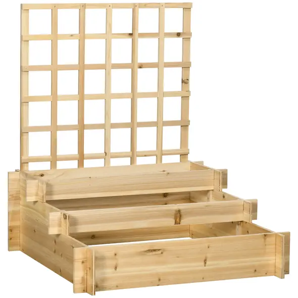 Outsunny 3 Tier Garden Planters with Trellis for Vine Climbing, Wooden Raised Beds, 95x95x110cm, Natural Tone - 1