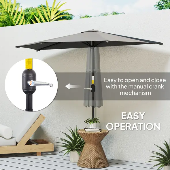 Outsunny 3(m) Half Parasol, Semi Round Umbrella with Metal Frame, Crank Handle for Balcony, Garden, Dark Grey - 4
