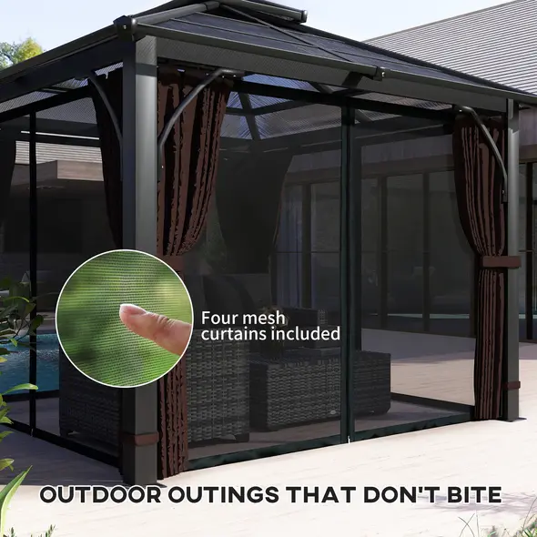 Outsunny 3 x 3(m) Hardtop Gazebo Canopy with 7mm Double Polycarbonate Roof, Garden Gazebo Permanent Pavilion with Mosquito Netting and Curtains for Patio, Deck, Brown - 7