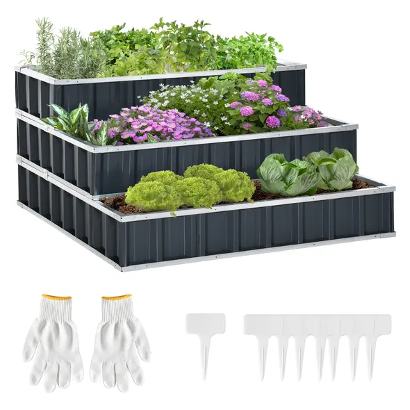 Outsunny 3 Tier Raised Garden Bed, Metal Elevated Planer Box Kit Flower Pot w/ A Pairs of Glove for Garden, Patio to Grow Vegetables, Herbs, Flowers, 118 x 118 x 62 cm, Grey - 1