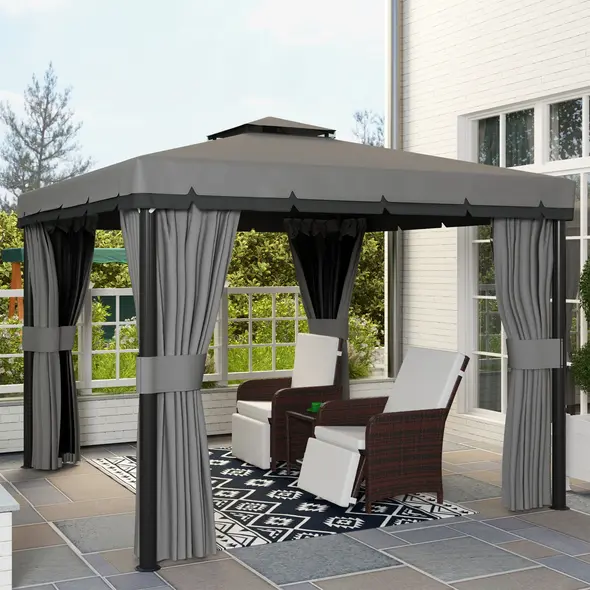 Outsunny 3 x 3(m) Patio Gazebo Canopy Garden Pavilion Tent Shelter Marquee with 2 Tier Roof, Netting and Curtains, Light Grey - 9