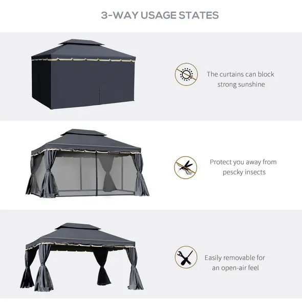 Outsunny 3 x 4m Aluminium Garden Gazebo, Marquee Canopy Shelter Pavilion Party Tent with Nets and Curtains for Garden and Deck, Black - 4
