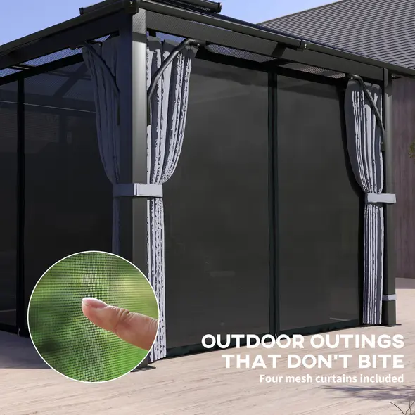 Outsunny 3 x 3(m) Hardtop Gazebo Canopy with 7mm Double Polycarbonate Roof, Garden Gazebo Permanent Pavilion with Mosquito Netting and Curtains for Patio, Deck, Dark Grey - 7