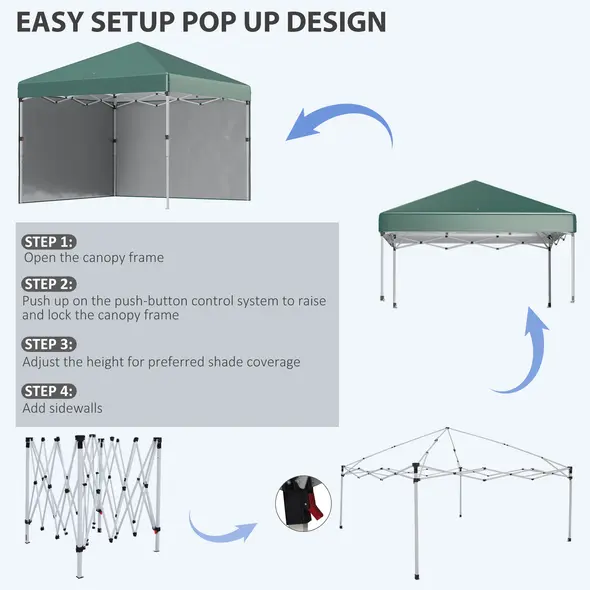 Outsunny 3 x 3 (M) Pop Up Gazebo, UPF 30+ with 2 Sidewalls, Leg Weight Bags and Wheeled Bag, Height Adjustable Party Tent Event Shelter for Garden, Patio, Green - 5