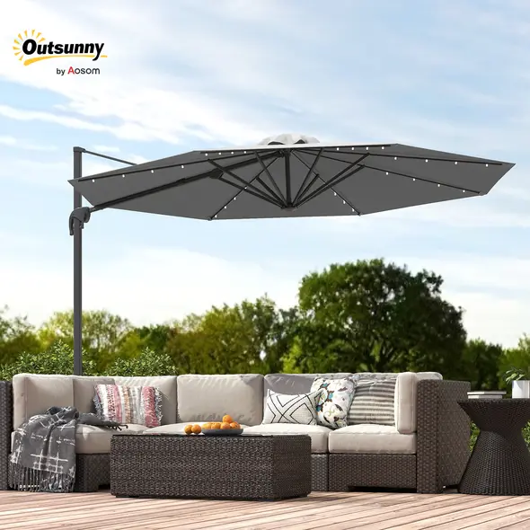 Outsunny 3(m) Cantilever Roma Parasol Patio Sun Umbrella with Crank & Tilt LED Solar Light Cross Base 360° Rotating Outdoor, Dark Grey - 9