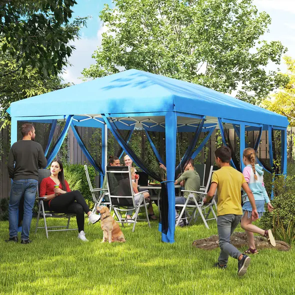 Outsunny 3 x 6m Pop Up Gazebo, Outdoor Canopy Shelter, Marquee Party Wedding Tent with 6 Mesh Walls and Carry Bag, Blue - 2