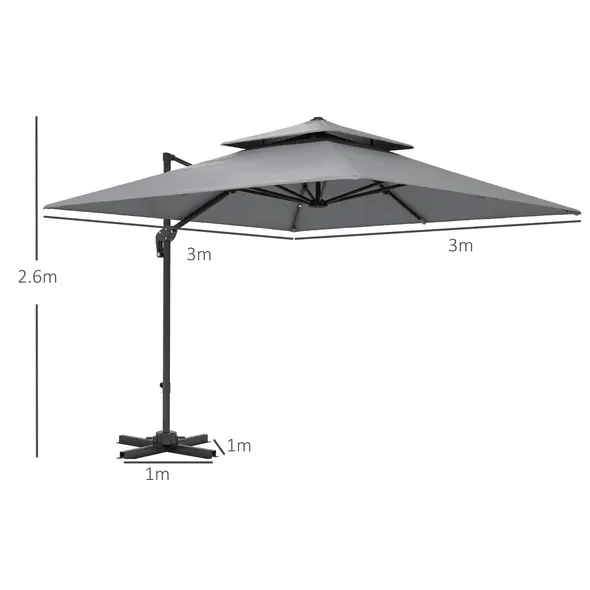 Outsunny 3 x 3(m) Cantilever Parasol with Aluminium Frame, Crank and Tilt, 360-Degree Rotation, Double Top Garden Umbrella with Cover (Only Cross Base), Light Grey - 3