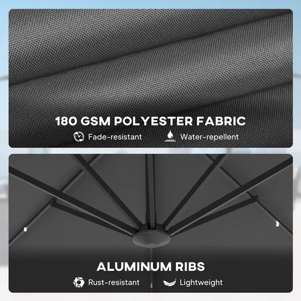 Outsunny 3(m) Cantilever Roma Parasol Patio Sun Umbrella with Crank & Tilt LED Solar Light Cross Base 360° Rotating Outdoor, Dark Grey - 8