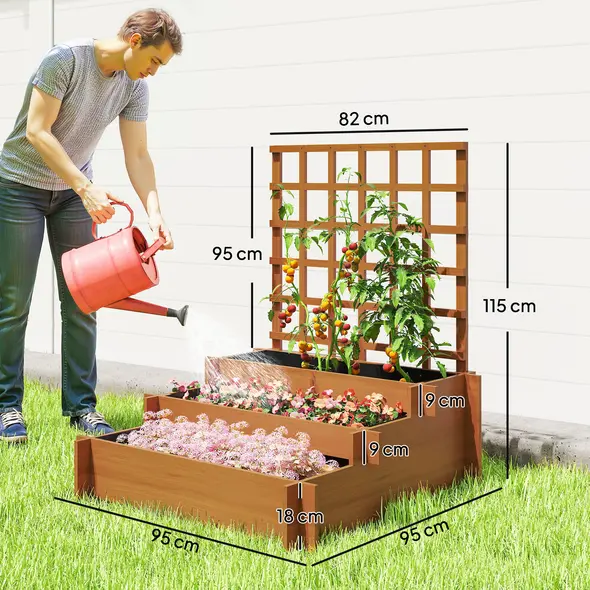 Outsunny 3 Tier Garden Planters with Trellis for Vine Climbing, Wooden Raised Beds, 95x95x110cm, Brown - 3