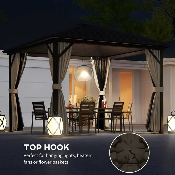Outsunny 3 x 3(m) Metal Hardtop Gazebo, with Curtains and Accessories - Brown - 6