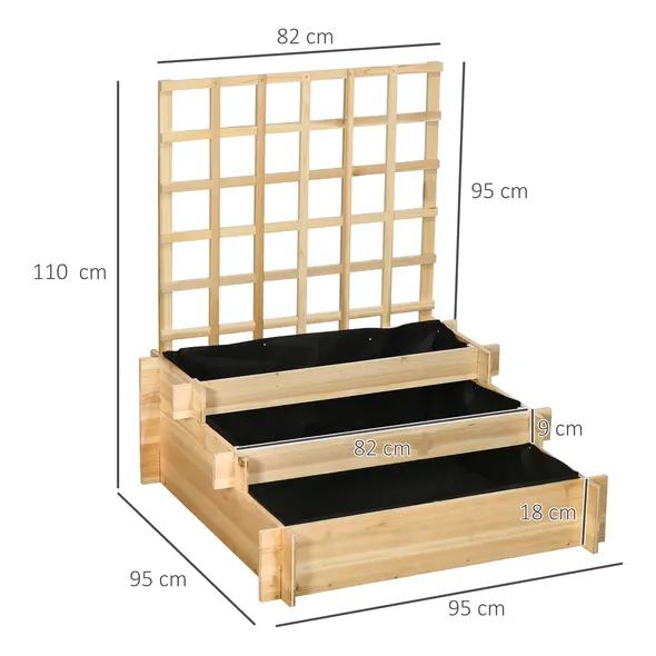Outsunny 3 Tier Garden Planters with Trellis for Vine Climbing, Wooden Raised Beds, 95x95x110cm, Natural Tone - 3