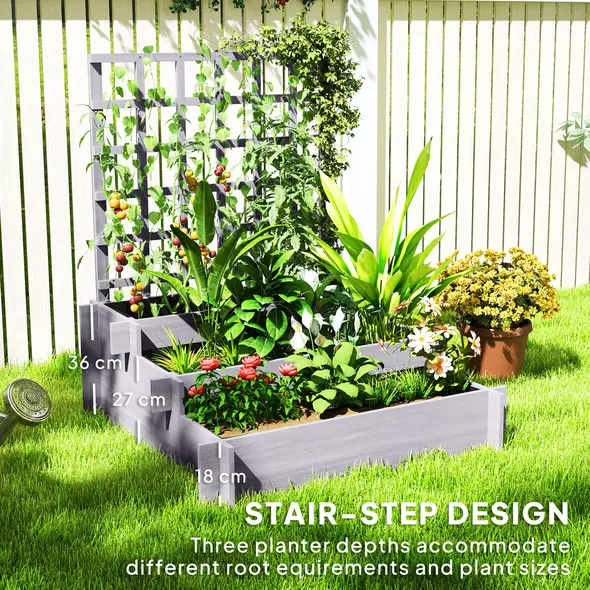 Outsunny 3 Tier Garden Planters with Trellis for Vine Climbing, Wooden Raised Beds, 95x95x110cm, Grey - 5