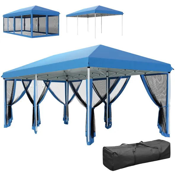 Outsunny 3 x 6m Pop Up Gazebo, Outdoor Canopy Shelter, Marquee Party Wedding Tent with 6 Mesh Walls and Carry Bag, Blue - 1