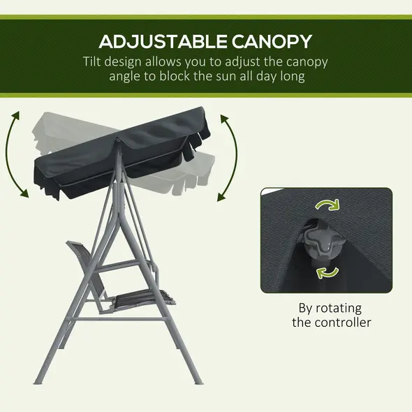 Outsunny 3 Seater Swing Chair, Garden Swing Bench with Adjustable Tilting Canopy, Breathable Mesh Seat and Heavy Duty Metal Frame for Patio, Garden, Dark Grey - 4