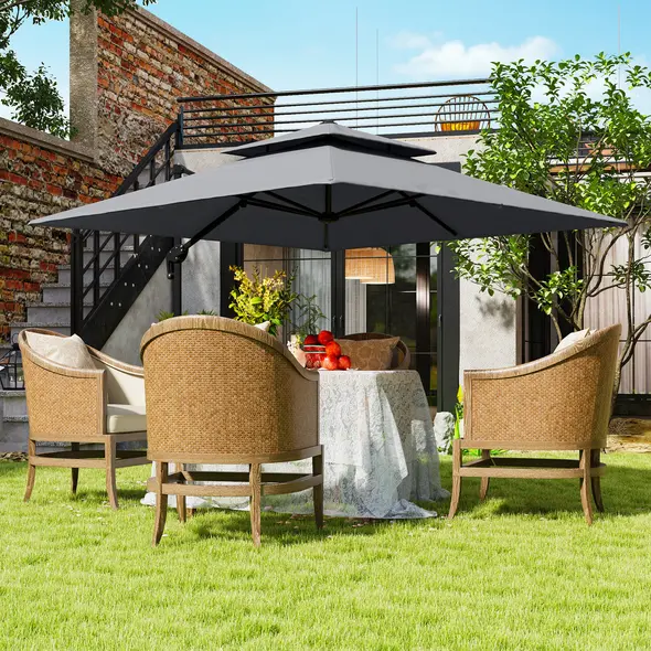 Outsunny 3 x 3(m) Cantilever Parasol with Aluminium Frame, Crank and Tilt, 360-Degree Rotation, Double Top Garden Umbrella with Cover (Only Cross Base), Light Grey - 2