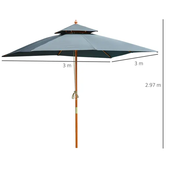 Outsunny 3 x 3 metre Patio Parasol Garden Umbrellas Sunshade Outdoor Wooden Parasol Canopy Double Tier, Dark Grey, BASE NOT INCLUDED - 3