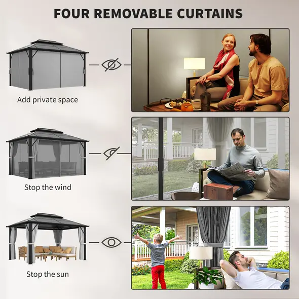 Outsunny 3 x 4m Hardtop Gazebo Canopy with UPF30+ Double Polycarbonate Roof, Aluminium Frame Garden Gazebo Permanent Pavilion with Mosquito Netting and Curtains for Patio, Deck, Grey - 6