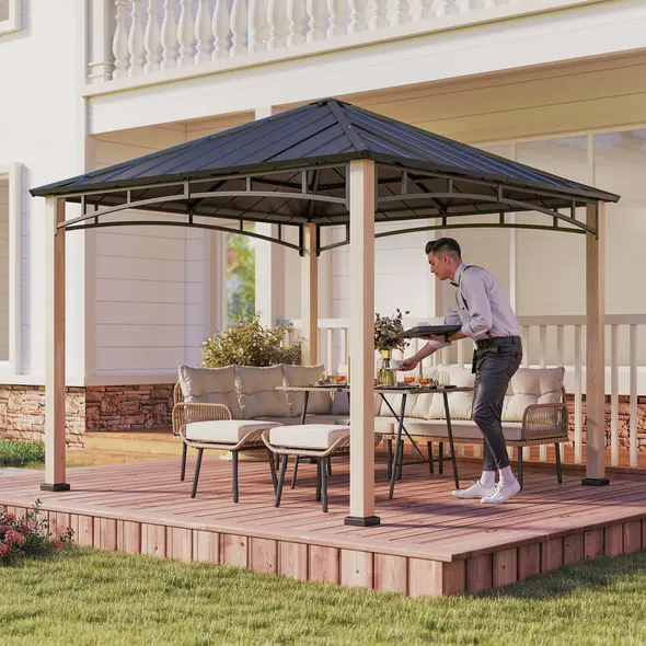 Outsunny 3 x 3 m Decorative Metal Gazebo - Black/Wood-Effect - 9