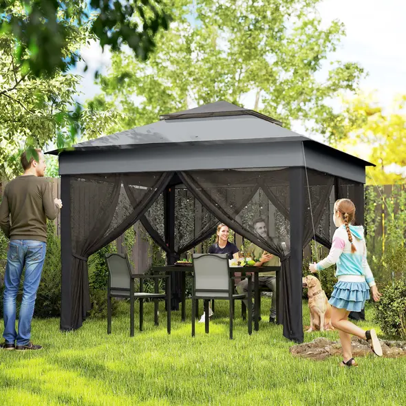 Outsunny 3 x 3(m) Pop Up Gazebo, Height Adjustable Instant Event Shelter with Netting and Carrying Bag, Grey - 2