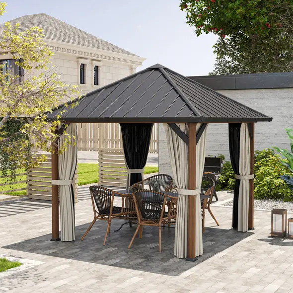 Outsunny 3 x 3(m) Hardtop Gazebo with Galvanised Steel Roof and Water Gutter, Waterproof Permanent Pavilion Garden Gazebo with Netting and Curtains for Patio, Deck, Walnut Wood Finish - 9
