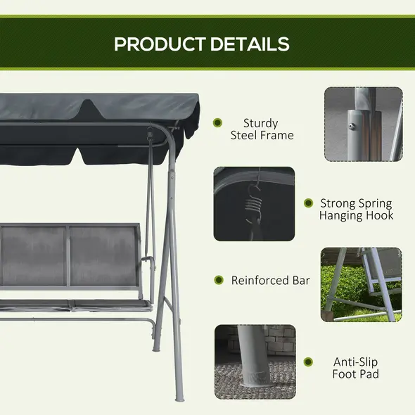 Outsunny 3 Seater Swing Chair, Garden Swing Bench with Adjustable Tilting Canopy, Breathable Mesh Seat and Heavy Duty Metal Frame for Patio, Garden, Dark Grey - 6