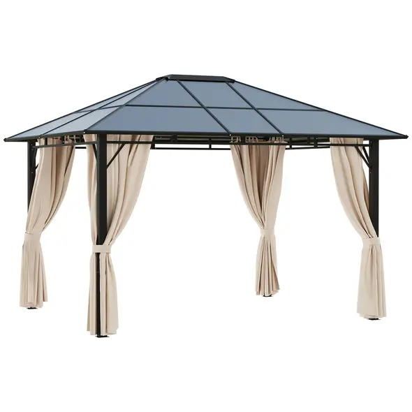Outsunny 3 x 3.6m Hardtop Gazebo Canopy with Polycarbonate Roof Garden Pavilion with Removable Curtains and Steel Frame, Brown - 1