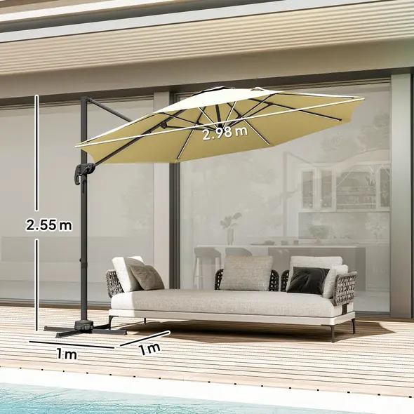 Outsunny 3(m) Adjustable Cantilever Parasol with Base, Solar LED Lights, Khaki - 3